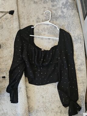 miami Black Sheer Long-Sleeve Peasant Blouse with Star Dots